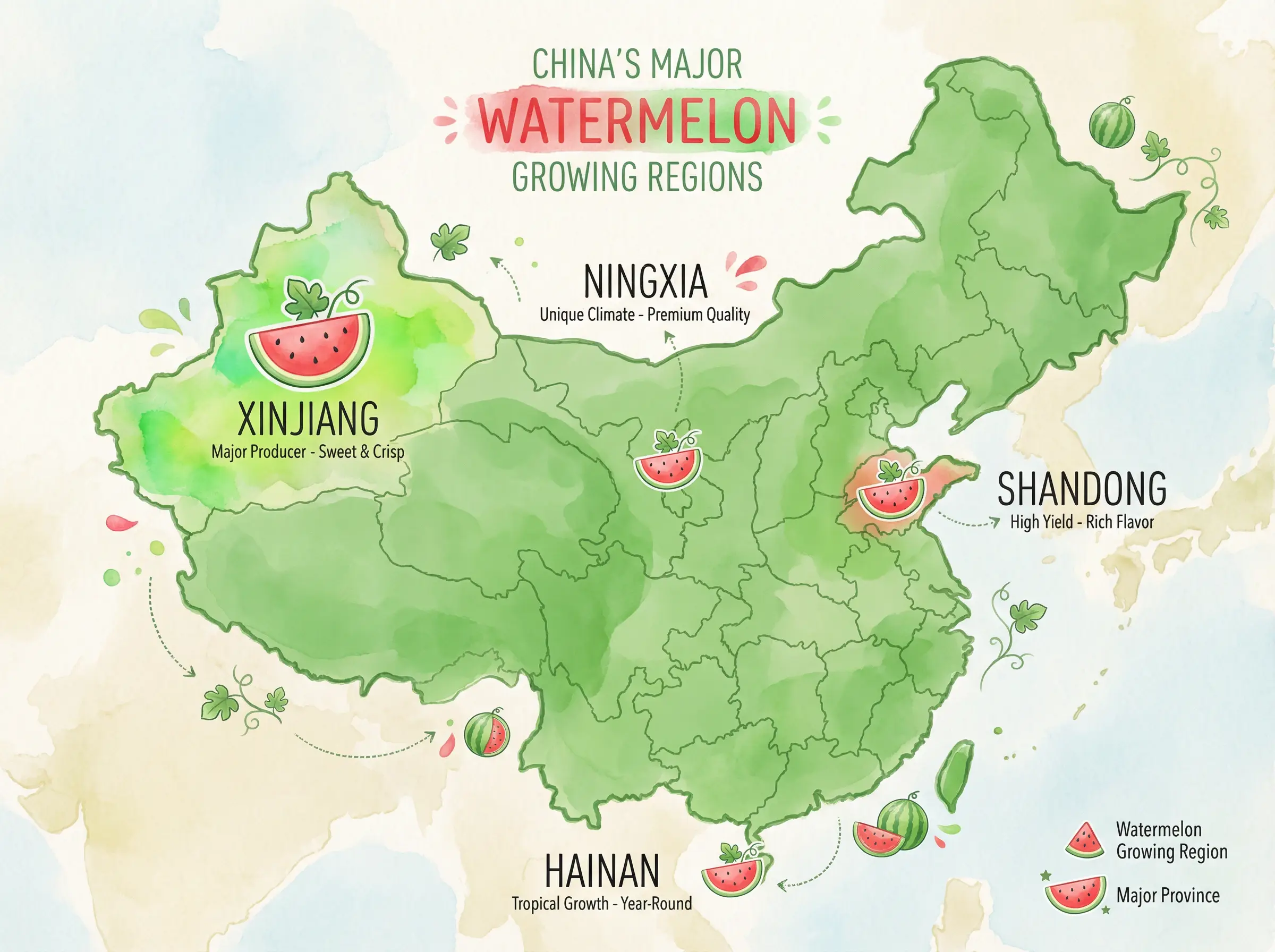 中国西瓜主要产地分布地图 - 五一吃瓜网